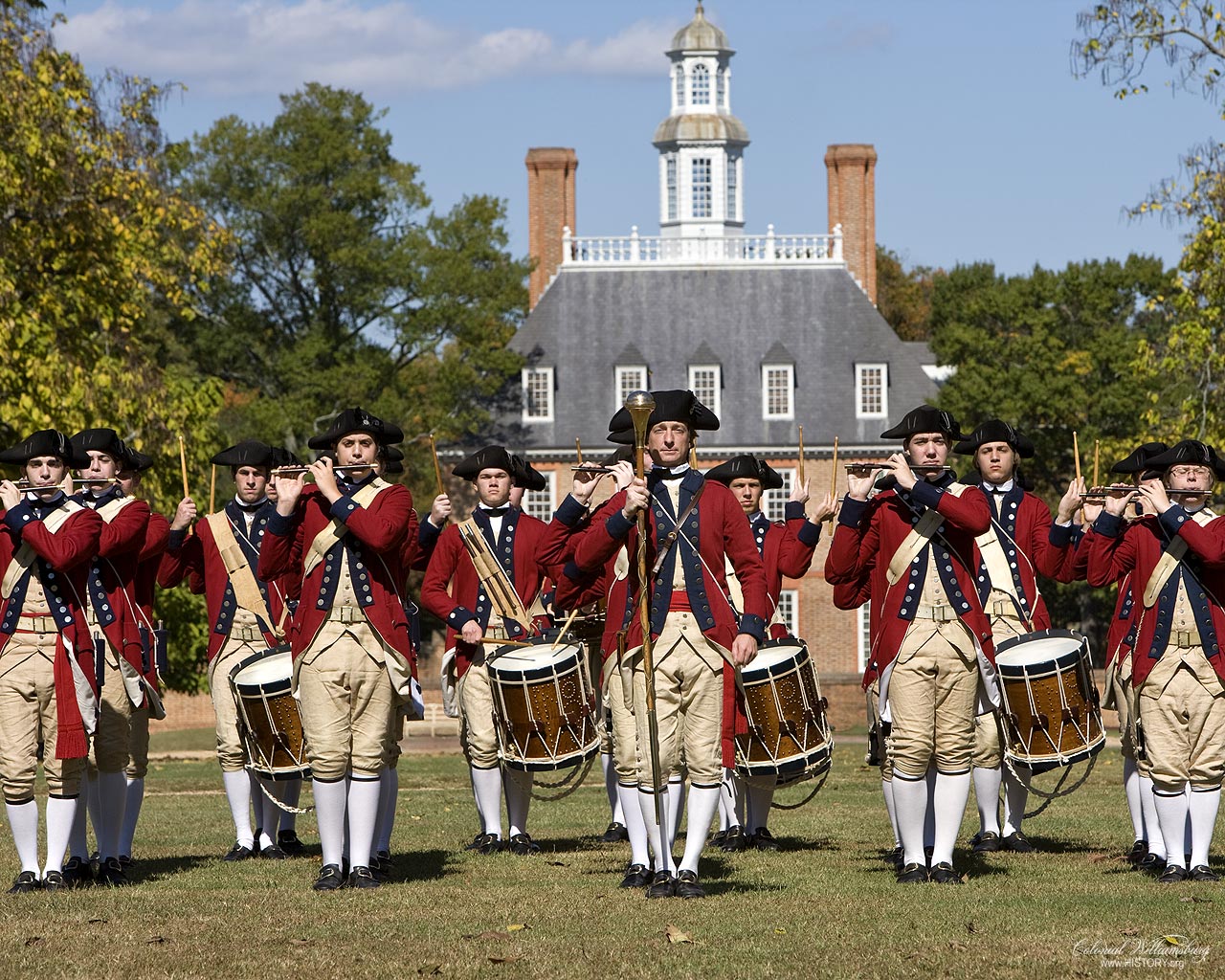 Colonial Williamsburg reenactors dressed as British redcoats in Williamsburg VA