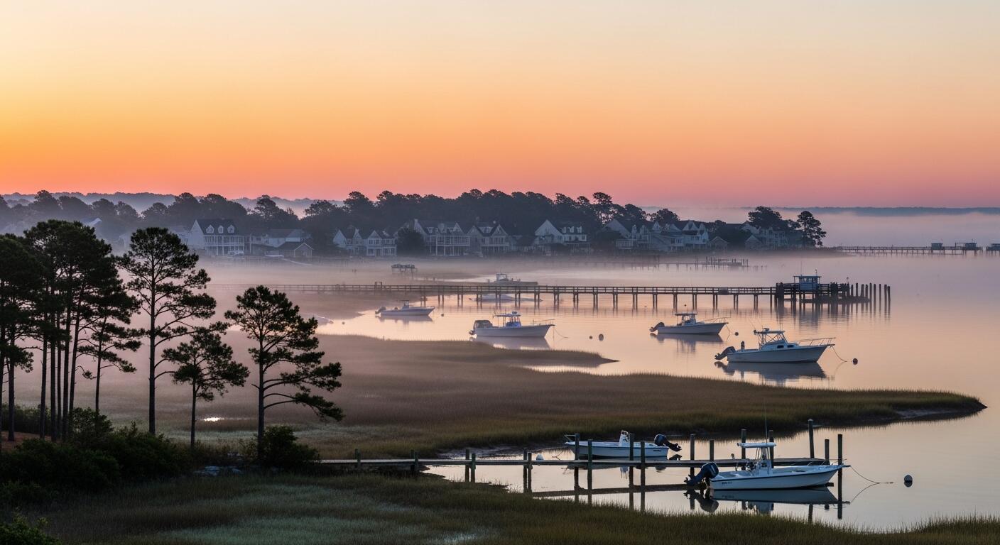 Aerial view of waterfront docks at sunrise in Poquoson VA